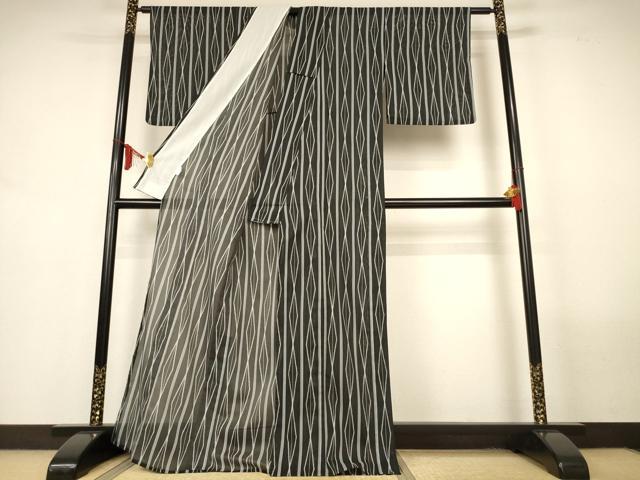 平和屋着物*夏物 小紋 絽 菱間道 黒地 洗える着物 AABL7980jd