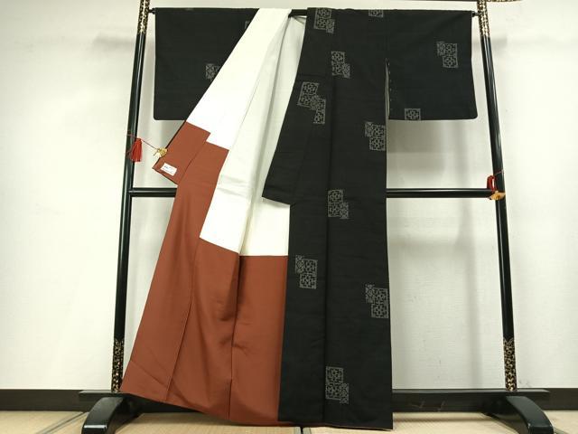 平和屋着物●古代結城紬 色紙花文 黒地 やまと誂製 証紙付き 正絹 逸品 未使用 AABL8032fy