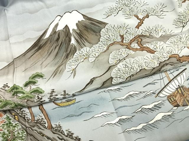 平和屋着物●男性 長襦袢 袷 手描き 富士山 枝松文 暈し染め 金彩 正絹 逸品 AABL8077fy