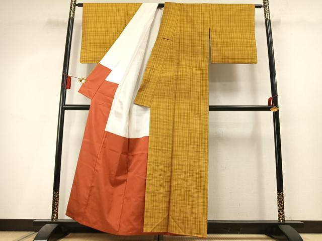 平和屋着物●黄八丈 紬 綾織 格子 正絹 逸品 AABL8095fy