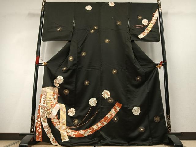 平和屋着物●訪問着 熨斗花文 黒地 金彩 正絹 逸品 AABL8102fy