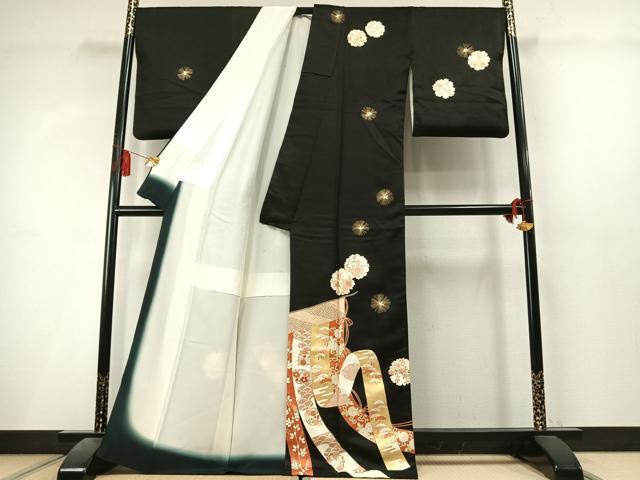 平和屋着物●訪問着 熨斗花文 黒地 金彩 正絹 逸品 AABL8102fy