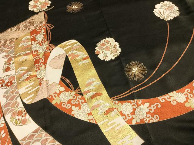平和屋着物●訪問着 熨斗花文 黒地 金彩 正絹 逸品 AABL8102fy