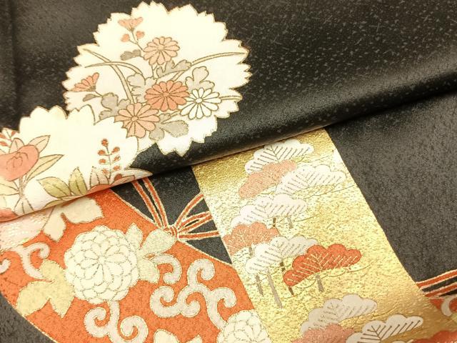 平和屋着物●訪問着 熨斗花文 黒地 金彩 正絹 逸品 AABL8102fy