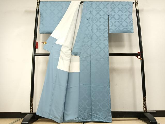 平和屋着物●上質な色無地 吉祥花地紋 空色 正絹 逸品 未使用 AABL8123fy