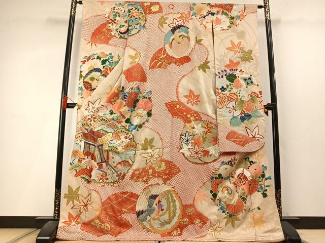 平和屋本店●アンティーク 大正ロマン 振袖 駒刺繍 御所車花鳥文 金彩 正絹 逸品 AABL8128fy