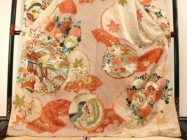 平和屋本店●アンティーク 大正ロマン 振袖 駒刺繍 御所車花鳥文 金彩 正絹 逸品 AABL8128fy