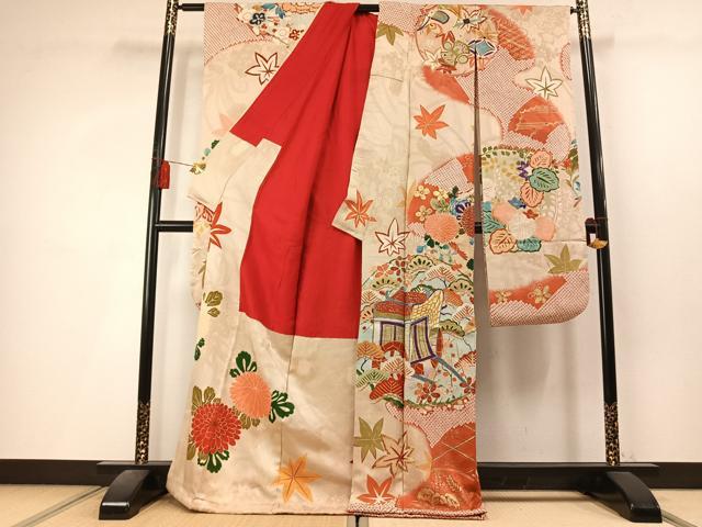 平和屋本店●アンティーク 大正ロマン 振袖 駒刺繍 御所車花鳥文 金彩 正絹 逸品 AABL8128fy