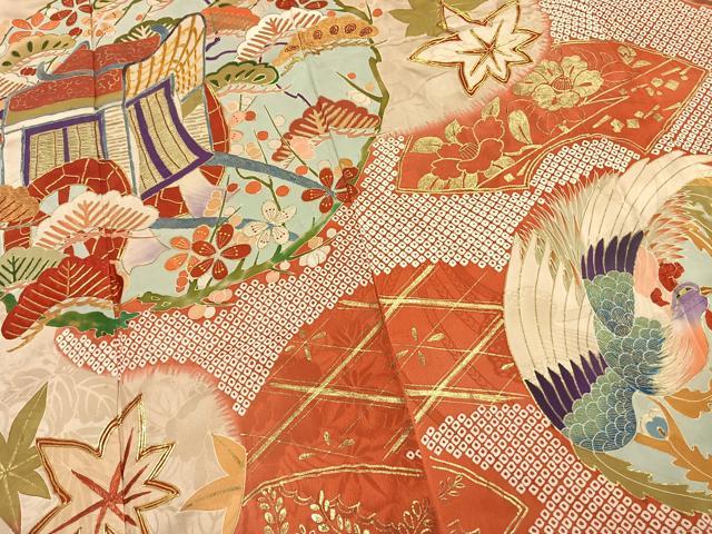 平和屋本店●アンティーク 大正ロマン 振袖 駒刺繍 御所車花鳥文 金彩 正絹 逸品 AABL8128fy