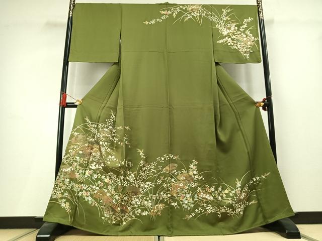 平和屋着物●訪問着 駒刺繍 扇面花文 金彩 正絹 逸品 未使用 AABL8137fy