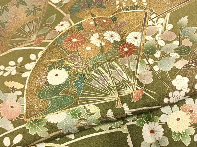 平和屋着物●訪問着 駒刺繍 扇面花文 金彩 正絹 逸品 未使用 AABL8137fy