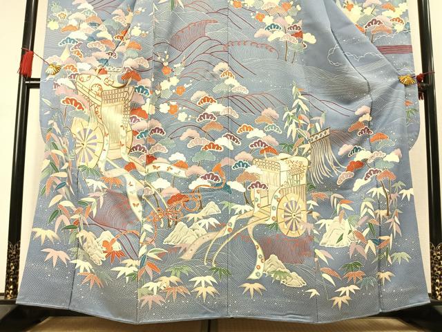 平和屋着物●豪華振袖 刺繍 松竹梅 御所車舞蝶文 金彩 正絹 逸品 AABL8166fy