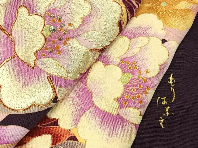 平和屋着物●森英恵・HANAE MORI 振袖 駒刺繍 ラインストーン 草花文 金彩 正絹 逸品 AABL8167fy