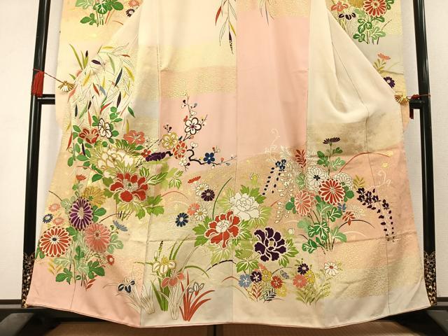 平和屋本店●アンティーク 大正ロマン 振袖 駒刺繍 草花文 金糸 金彩 正絹 逸品 AABL8181fy