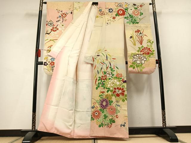 平和屋本店●アンティーク 大正ロマン 振袖 駒刺繍 草花文 金糸 金彩 正絹 逸品 AABL8181fy