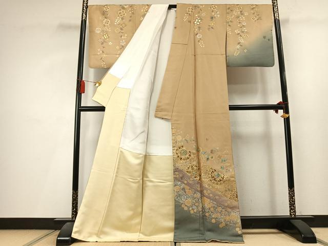 平和屋着物●訪問着 作家物 螺鈿 吉祥花文 暈し染め 金銀彩 金通し地 ロング丈 正絹 逸品 AABL8182fy