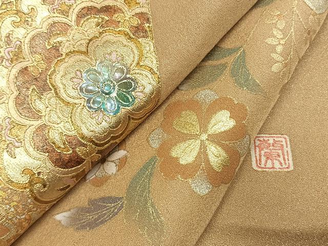 平和屋着物●訪問着 作家物 螺鈿 吉祥花文 暈し染め 金銀彩 金通し地 ロング丈 正絹 逸品 AABL8182fy