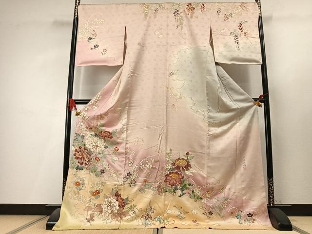 平和屋着物●十七代京屋林蔵 訪問着 駒刺繍 草花文 暈し染め 金糸 金彩 ロング丈 正絹 逸品 AABL8194fy