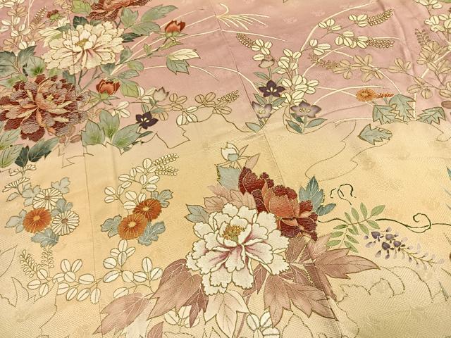 平和屋着物●十七代京屋林蔵 訪問着 駒刺繍 草花文 暈し染め 金糸 金彩 ロング丈 正絹 逸品 AABL8194fy