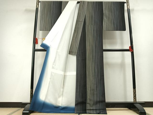 平和屋着物●本塩沢 やまだ織 200色 縞 正絹 逸品 AABL8220fy