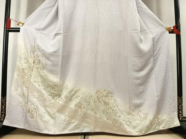 平和屋着物●中国三大刺繍 スワトウ刺繍 汕頭刺繍 総刺繍 訪問着 草花文 暈し染め 金糸 正絹 逸品 AABL8275fy