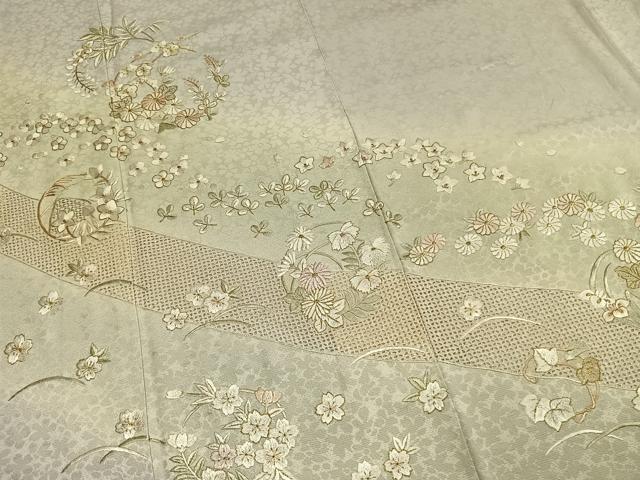 平和屋着物●中国三大刺繍 スワトウ刺繍 汕頭刺繍 総刺繍 訪問着 草花文 暈し染め 金糸 正絹 逸品 AABL8275fy