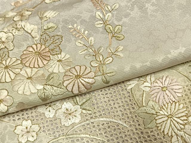 平和屋着物●中国三大刺繍 スワトウ刺繍 汕頭刺繍 総刺繍 訪問着 草花文 暈し染め 金糸 正絹 逸品 AABL8275fy