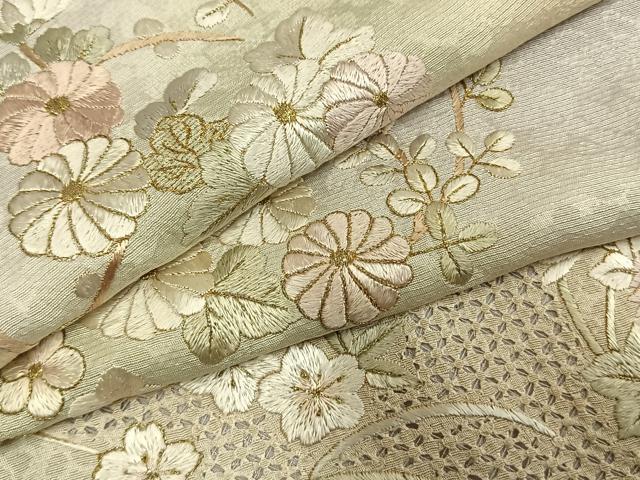 平和屋着物●中国三大刺繍 スワトウ刺繍 汕頭刺繍 総刺繍 訪問着 草花文 暈し染め 金糸 正絹 逸品 AABL8275fy