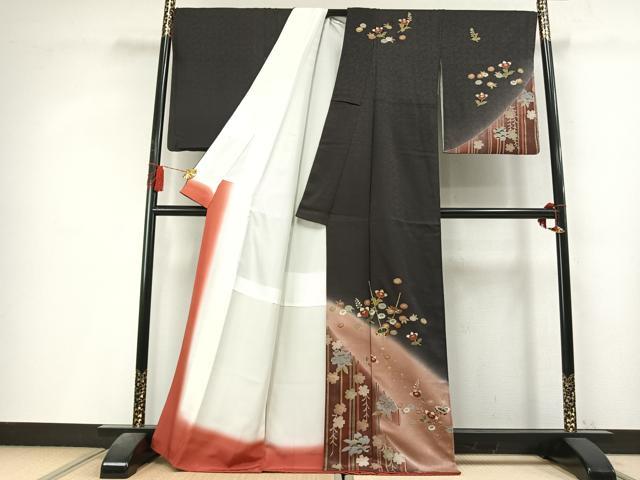 平和屋着物●訪問着 駒刺繍 駒 草花文 暈し染め 黒地 金銀彩 正絹 逸品 未使用 AABL8279fy