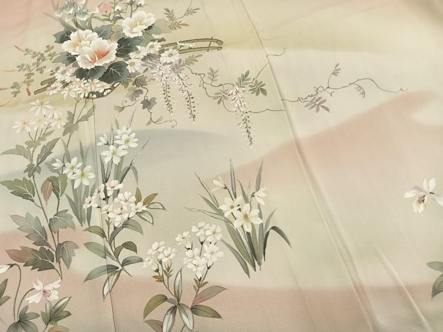 平和屋着物●訪問着 手描き 草花文 暈し染め 正絹 逸品 AABL8282fy