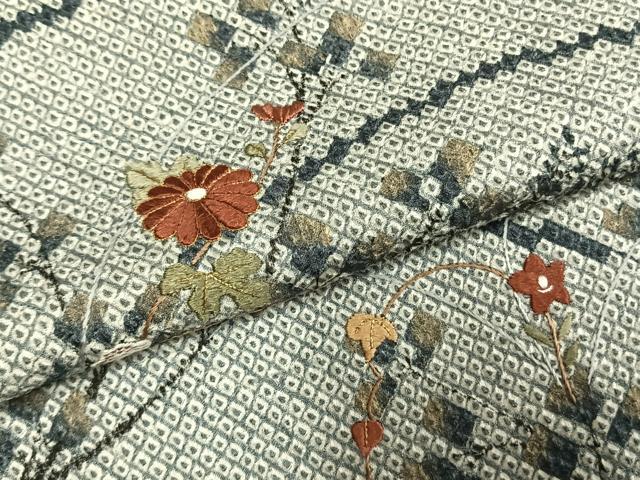 平和屋着物●訪問着 総絞り 刺繍 枝花文 金糸 正絹 逸品 AABL8378fy