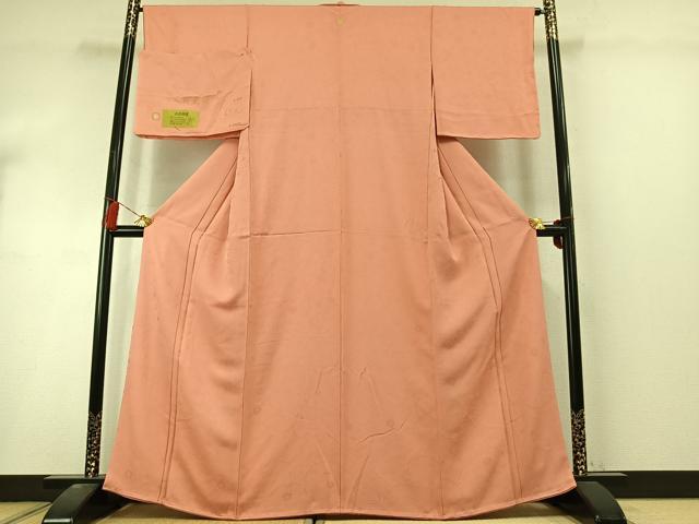 平和屋着物●上質な色無地 寿光織 枝花地紋 曙色 反端付き 正絹 逸品 AABL8413fy