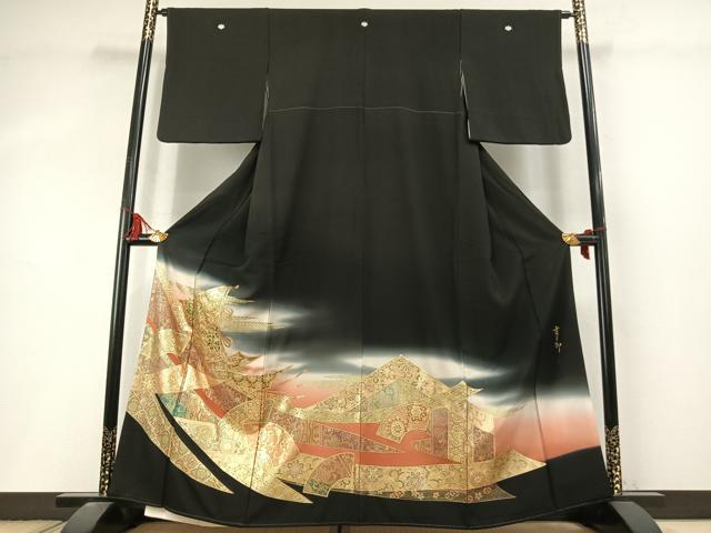 平和屋着物●豪華黒留袖 作家物 地紙花文 金彩 正絹 逸品 AABL8416fy
