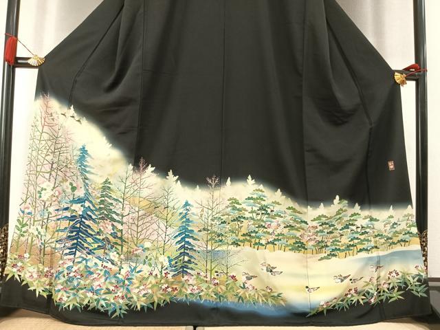 平和屋着物●豪華黒留袖 作家物 花鳥文 暈し染め 正絹 逸品 AABL8444fy
