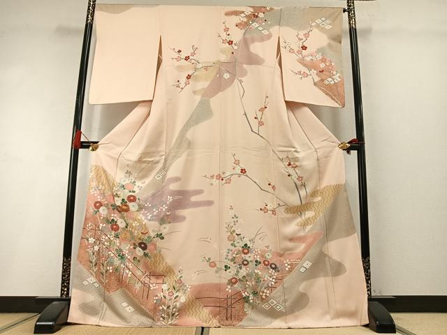 平和屋着物●訪問着 駒刺繍 草花文 金彩 ロング丈 正絹 逸品 AABL8453fy