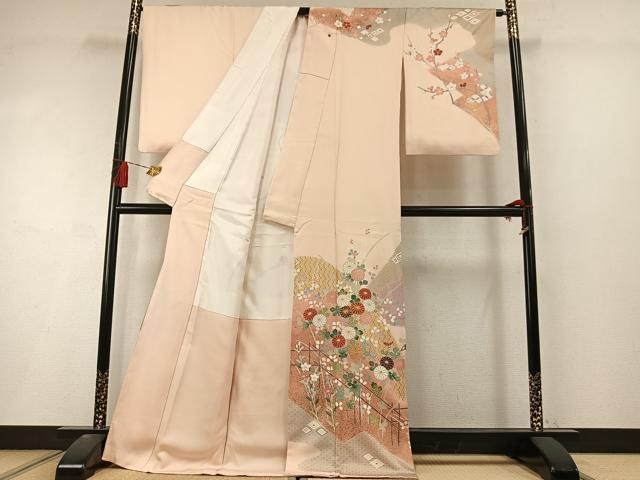 平和屋着物●訪問着 駒刺繍 草花文 金彩 ロング丈 正絹 逸品 AABL8453fy