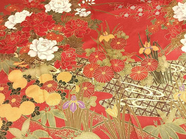 平和屋着物●豪華振袖 草花文 金彩 正絹 逸品 AABL8496fy
