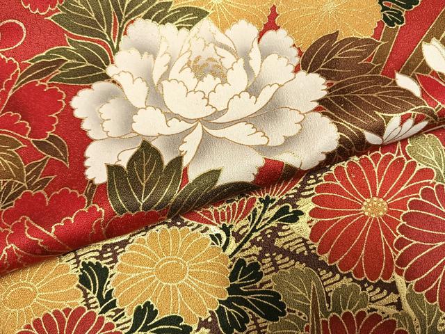 平和屋着物●豪華振袖 草花文 金彩 正絹 逸品 AABL8496fy