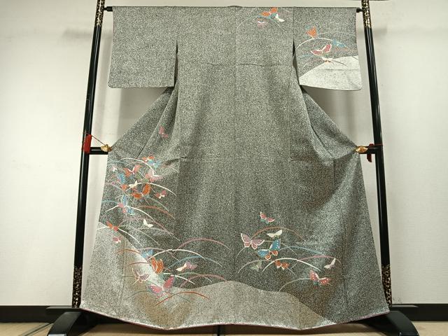 平和屋着物●訪問着 刺繍 舞蝶文 たたき染め 金糸 金銀彩 正絹 逸品 AABL8528fy