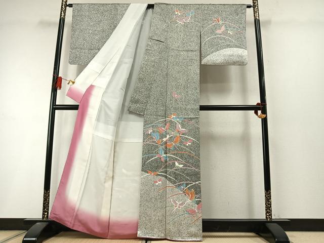 平和屋着物●訪問着 刺繍 舞蝶文 たたき染め 金糸 金銀彩 正絹 逸品 AABL8528fy