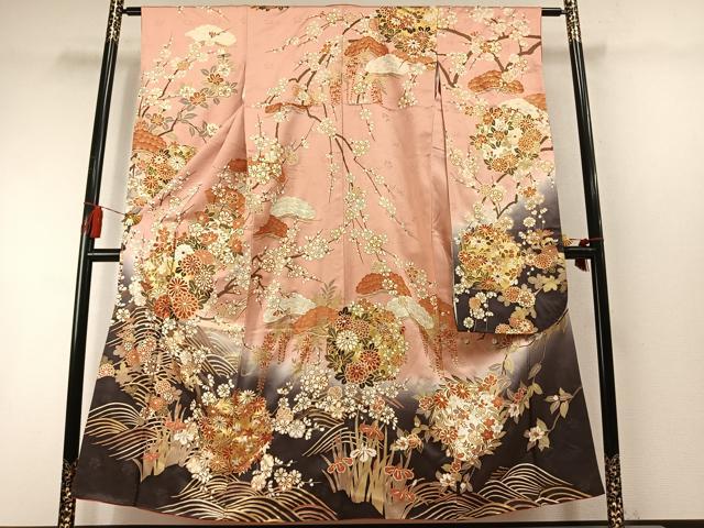 平和屋着物●豪華振袖 枝松梅花文 暈し染め 金彩 正絹 逸品 AABL8538fy