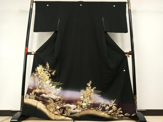 平和屋着物●豪華黒留袖 作家物 御所車花文 暈し染め 金銀彩 正絹 逸品 AABL8549fy