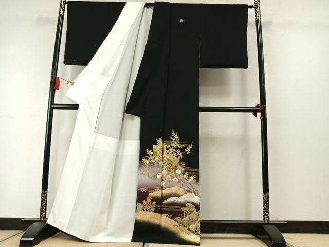 平和屋着物●豪華黒留袖 作家物 御所車花文 暈し染め 金銀彩 正絹 逸品 AABL8549fy
