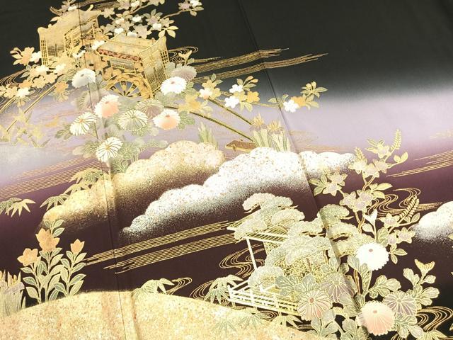 平和屋着物●豪華黒留袖 作家物 御所車花文 暈し染め 金銀彩 正絹 逸品 AABL8549fy