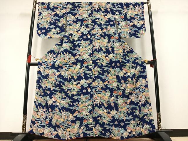平和屋着物●上質な小紋 型染め 扇面花文 鬼しぼ縮緬 正絹 逸品 AABL8615fy
