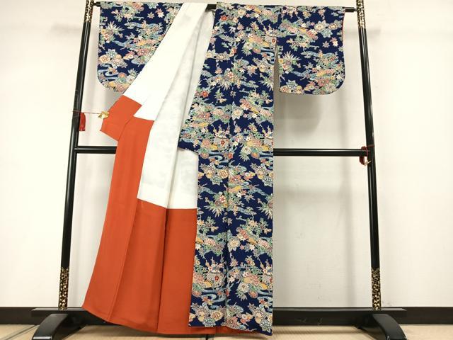平和屋着物●上質な小紋 型染め 扇面花文 鬼しぼ縮緬 正絹 逸品 AABL8615fy