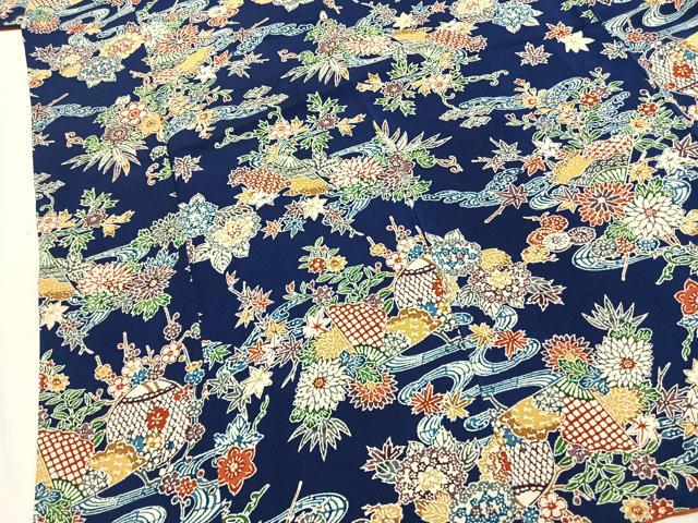 平和屋着物●上質な小紋 型染め 扇面花文 鬼しぼ縮緬 正絹 逸品 AABL8615fy