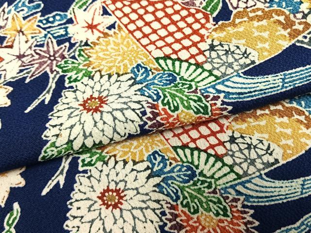 平和屋着物●上質な小紋 型染め 扇面花文 鬼しぼ縮緬 正絹 逸品 AABL8615fy