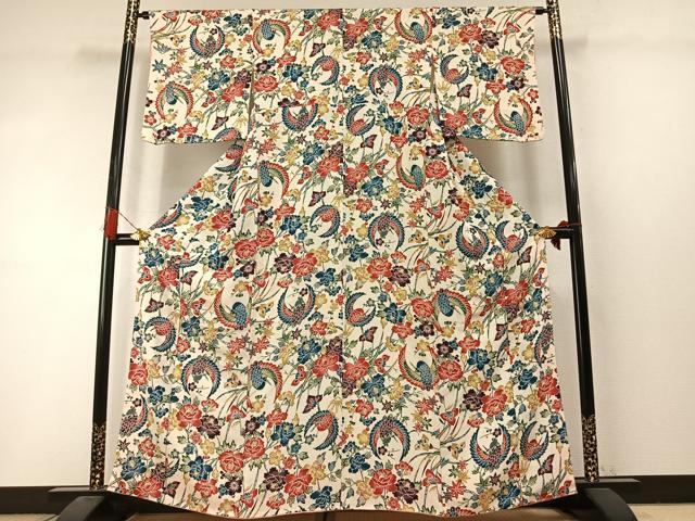 平和屋着物●上質な小紋 型染め 花鳥文 鬼しぼ縮緬 正絹 逸品 AABL8632fy