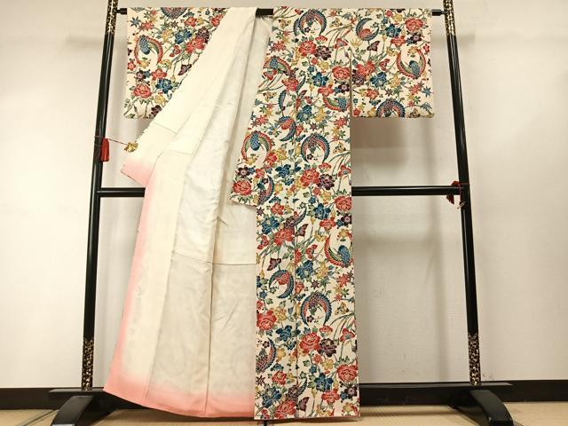 平和屋着物●上質な小紋 型染め 花鳥文 鬼しぼ縮緬 正絹 逸品 AABL8632fy